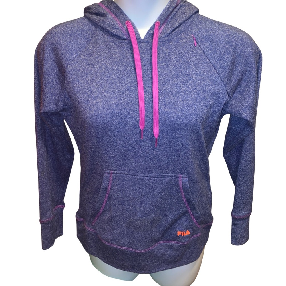 FILA Women’s Small Hoodie Purple Orange Trim Pullover Athletic Sweatshirt Flaw‎